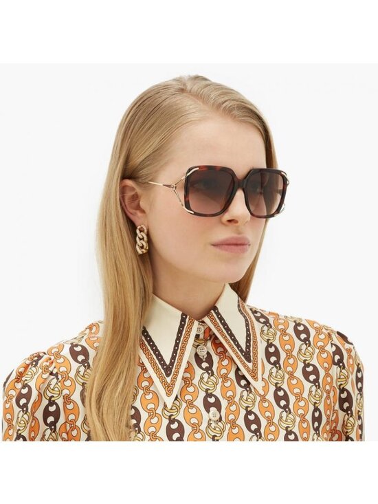 Gucci GG0647S 002 Sunglasses Havana Square Frame, Brown Lenses main image 9
